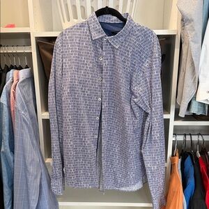Bugatchi Men's White and Blue Geometric Dress Shirt